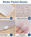 Close-up of durable waterproof PVC binder pockets with smooth zipper, showcasing 36 Pack Letter Size Binder Pockets With Zipper Pouch Waterproof PVC Pro Grade Document Organizer For 3 Ring Binders Side Loading File Sleeves Storage Bags For Office And School Supplies in use.