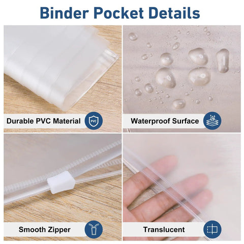 Close-up of durable waterproof PVC binder pockets with smooth zipper, showcasing 36 Pack Letter Size Binder Pockets With Zipper Pouch Waterproof PVC Pro Grade Document Organizer For 3 Ring Binders Side Loading File Sleeves Storage Bags For Office And School Supplies in use.