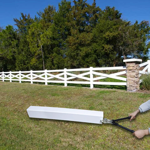 Person using Vinyl Fence Notcher For Rails, Heavy Duty Rail Notcher With Three Quarter Inch Notch on a white vinyl fence.