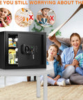 1.2 Cu Ft Compact Digital Safe Box With Combination Lock For Home Security on a table with open door showing contents, family in background