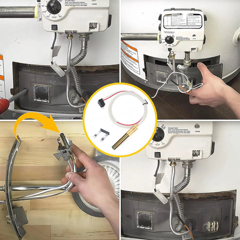 Thermopile sensor kit for water heater pilot burner with brass probe and white/red wires, 750mV output.