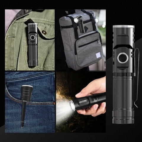 Rechargeable LED Flashlight With 500 Lumens Magnetic Base Waterproof Build Three Modes High Low Strobe Compact Handheld Light shown in multiple use scenarios clipped to pocket, bag, hand-held.