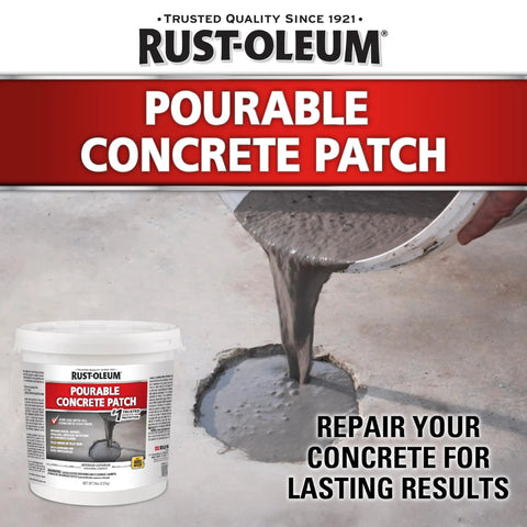 Pourable Concrete Patch for Floors, Quick Repair Kit in a 5 Lb Pail, shown filling a hole in concrete floor.