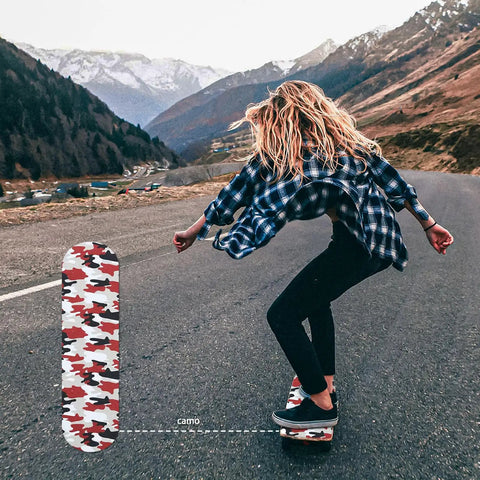Person riding a longboard with Red Camo 2 Pack Grip Tape 9 Inch By 33 Inch Waterproof Longboard Scooter No Slip Bubble Free Griptape design.