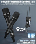 Wireless Dual Microphone System With UHF Range Up To 260 Feet All Metal Portable Karaoke Mic with receiver displayed