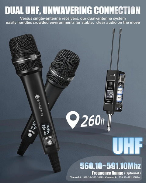 Wireless Dual Microphone System With UHF Range Up To 260 Feet All Metal Portable Karaoke Mic with receiver displayed