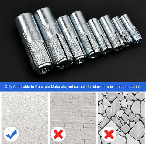 Assortment Of Concrete Anchors 60 Pcs Zinc Plated Carbon Steel Drop In Anchors For Concrete And Drywall Expansion Bolts In Four Sizes displayed