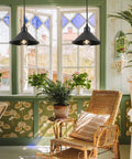 Heavy Duty Black Plug In Pendant Lights 2 Pack Industrial Hanging Lamps hanging in a bright room with plants.
