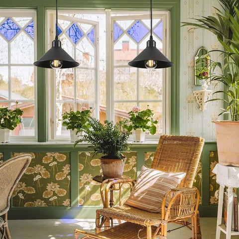 Heavy Duty Black Plug In Pendant Lights 2 Pack Industrial Hanging Lamps hanging in a bright room with plants.