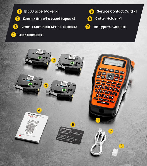 Heat Shrink Label Maker Pro Grade Kit With 12mm Tape For Cable ID Waterproof Wire Labels Two To One Shrink Ratio Flexible ID Tapes For Cables And Wires VW1 Certified 300V 125C Durable Quick Cable ID System, E1000 label maker, tapes, manual, cable