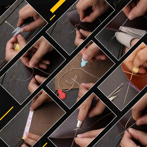 Hands using Leather Stitching Punch Kit with 56 Pieces 4Mm Prong Hole Punch Waxed Thread Hand Sewing Needles Awls Thimbles