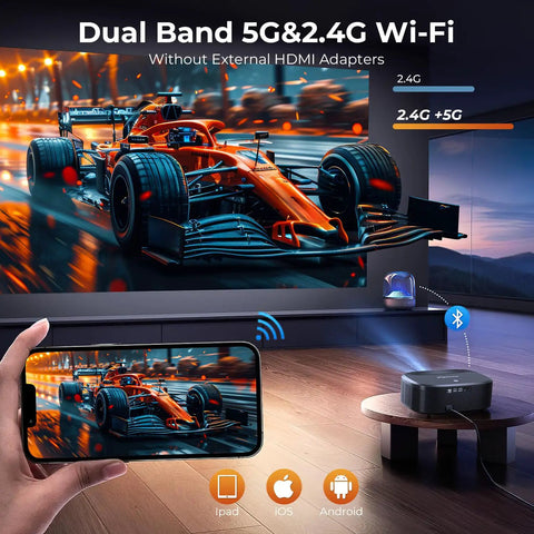 4K Projector With WiFi And Bluetooth, 3000 ANSI Lumens projecting a Formula 1 race scene on a wall, controlled via a smartphone