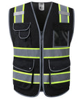 Front view of 9 Pocket Hi Vis Safety Vest With Zip Front Mesh In Black Dual Tone Reflective Strips Lightweight Breathable ANSI ISEA Standard.