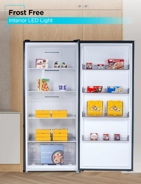 Interior view of No Sweat Setup 21 Cubic Feet Convertible Freezer And Refrigerator Stand Up Cabinet with LED light and food items.
