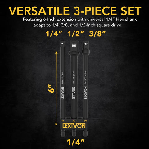 Impact Socket Adapter Set 6 Inch Extension Bar Kit, 3 Piece Set With 1 Quarter Inch, 3 Eighth Inch, And 1 Half Inch Drives