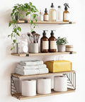 Wall Mounted Bathroom Over Toilet Storage Shelf Three Tier Light Brown Floating Rack Offers Sweet Side Storage For Toilet Paper And Toiletries Huge Win For Compact Restrooms with toiletries and towels.