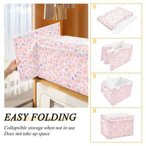 Game Changing Foldable Storage Bin With Ergonomic Handles And Lock Down Lid For Bedroom Organization Heavy Duty Collapsible Organizer Box shown folded and in use.