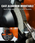 Rock Solid Six Inch Bench Grinder With Beefy Two Point One Amp Brushless Motor And Heavy Duty Adjustable Work Platform For Sharpening Polishing And Metalworking Projects For Weekend Warriors cast aluminum worktable with adjustable tool-free design.