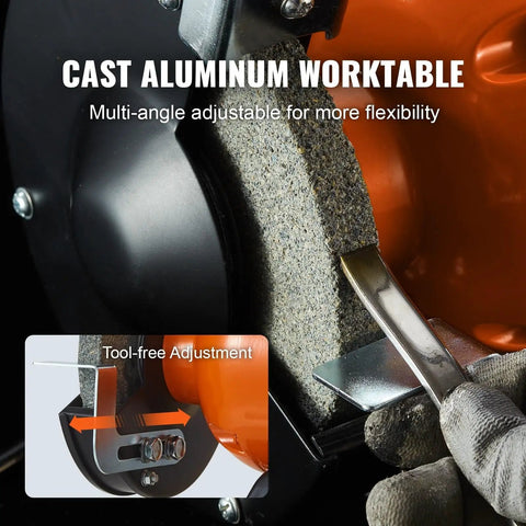 Rock Solid Six Inch Bench Grinder With Beefy Two Point One Amp Brushless Motor And Heavy Duty Adjustable Work Platform For Sharpening Polishing And Metalworking Projects For Weekend Warriors cast aluminum worktable with adjustable tool-free design.