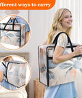 Woman holding 6 Pack Clear Storage Bags For Comforters, Clothes And Bedding With Zipper And Reinforced Handles, easy moving
