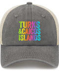 Gray Travel Ready Women's Vintage Tennis Trucker Hat With Adjustable Buckle, colorful Turks and Caicos text, breathable mesh back.