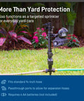 Motion Activated Sprinkler Yard Guard For Dogs Cats Raccoons And More Outdoor Animal Deterrent with garden hose shown in yard