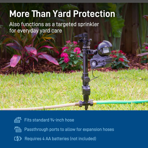 Motion Activated Sprinkler Yard Guard For Dogs Cats Raccoons And More Outdoor Animal Deterrent with garden hose shown in yard