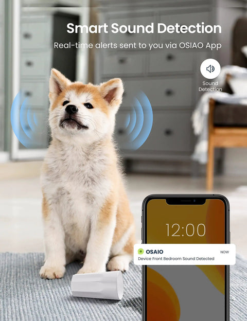 Indoor Security Cam With 360 Pan Tilt, 1080P HD WiFi Surveillance beside a dog, phone app alert visible, in a living room