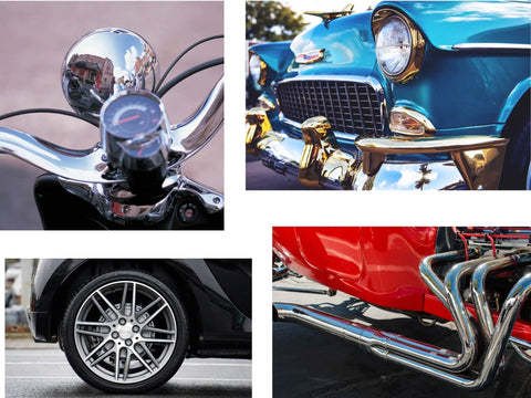 Grind Ready Buffing Wheels For Bench Grinders Set Of Two Six Inch Pads Half Inch Center Hole, reflecting chrome motorcycle parts and classic cars.