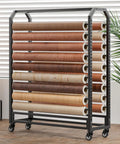 Heavy Duty Metal Vinyl Storage Cart With 18 Adjustable Rods And Smooth Rolling Lockable Casters For Tint Film Craft Wraps Wallpaper Rolls displaying multiple rolls of vinyl.