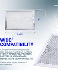 Beefy Heavy Duty Microwave Grease Filter Replacement 7.64 By 5.12 Inches For Over The Range Vent Hoods 5 Pack Fits GE LG Kenmore ME21R7051SS And Similar Models Built To Last Easy Clean, showing two filters with measurements.