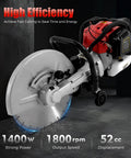 Badass Heavy Duty Concrete Cut Off Saw With Razor Blade And Rock Solid Steering Wheel Pro Masonry Workhorse For Wet Dry Brick Stone And Mortar Rough Jobs Around Town, showing 1400W motor and steel blade.