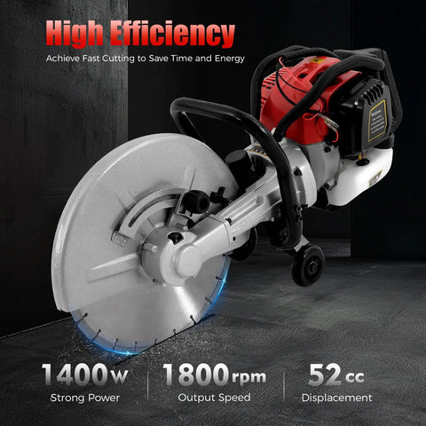 Professional Grade 52CC Two Stroke Gas Concrete Cutting Saw Featuring A Rugged Workhorse Design With 13 Inch Diamond Blade And Sturdy Rubber Wheels For Quick Slab Jobs close-up of diamond blade and gas motor components