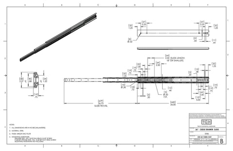 Beefy 26 Inch Heavy Duty Steel Drawer Slides With Full Extension And Over Travel, Side Mount Ball Bearing Rails, technical drawing