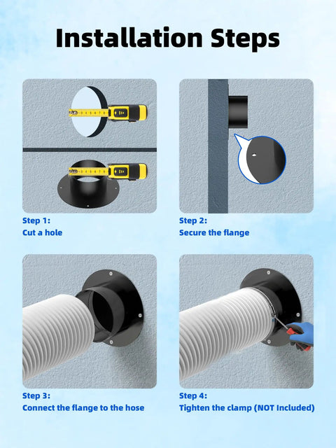Installation steps for Heavy-Duty 6 Inch Metal Duct Connector Flange and Dryer Vent Fitting with heat resistance.