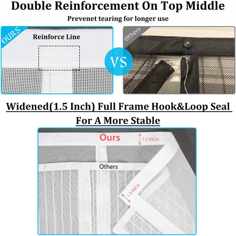 Comparison of upgraded magnetic screen door with thick reinforced mesh 250g per m2 and extra long magnets, detailing reinforcement.