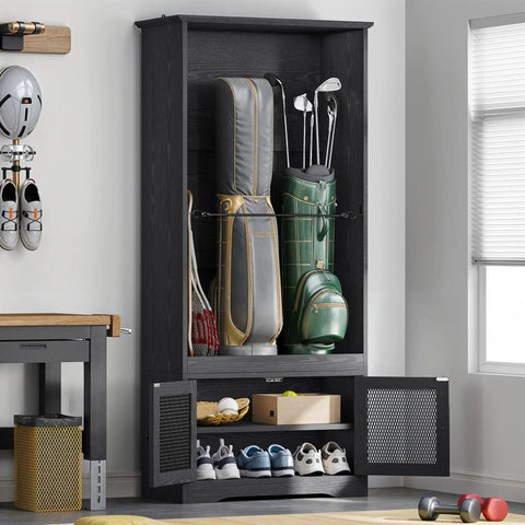 Wooden Golf Bag Organizer Cabinet With Turf Mat Protection For Garage Or Home Keeps Two Golf Bags Shoes And Accessories Neat And Ready To Roll For Everyday Use; black wooden cabinet holding golf bags and shoes.