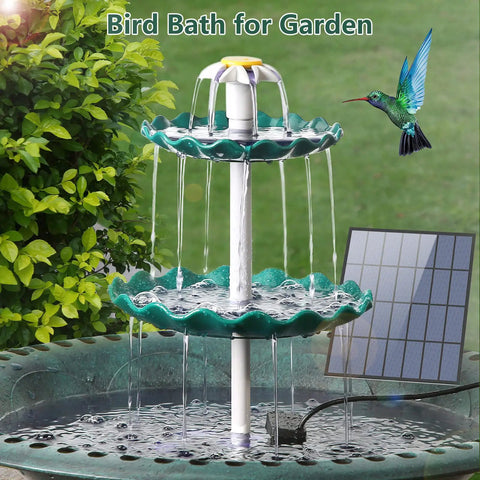 Solar Powered 3.5W Fountain Pump With 3 Tier Bird Bath DIY Water Feature in garden with solar panel, hummingbird nearby