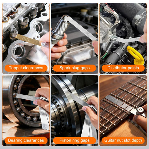 Tokyzexi stainless steel feeler gauge set with 32 straight and 16 angled blades for measuring gaps in engines, guitars.