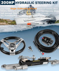 Plug And Play 300HP Hydraulic Outboard Steering Kit For Boats with helm, hoses, and cylinder displayed with boat.