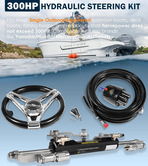 Plug And Play 300HP Hydraulic Outboard Steering Kit For Boats with helm, hoses, and cylinder displayed with boat.