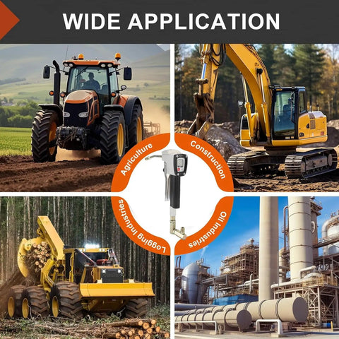 Portable Pneumatic Grease Gun Kit with 400 bar high pressure in agriculture, construction, logging, oil industry use.