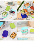 4-Pack 8oz Stainless Steel Snack Containers For Kids With Leak-Proof Silicone Lids displayed in work, picnic, school, home settings.