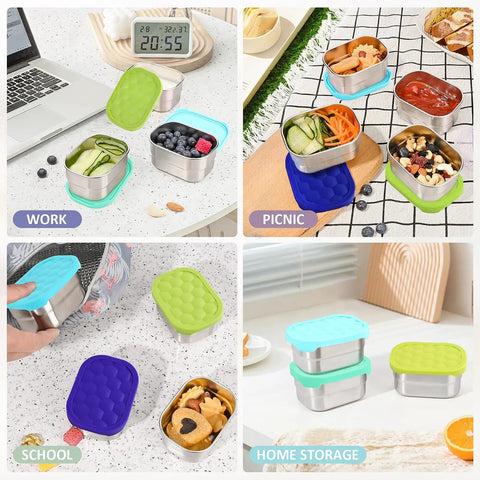 4-Pack 8oz Stainless Steel Snack Containers For Kids With Leak-Proof Silicone Lids displayed in work, picnic, school, home settings.