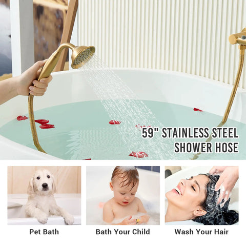 Hand shower spraying water into tub with matte black wall-mounted tub filler and waterfall spout, part of modern bath set.