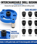 Right On Track Self Centering Dowel Jig Kit With Multiple Size Drill Bushings For Flawless Wood Joinery And Precise Hole Placement Easy Bench Tool with blue drill guide and 9 bushings.