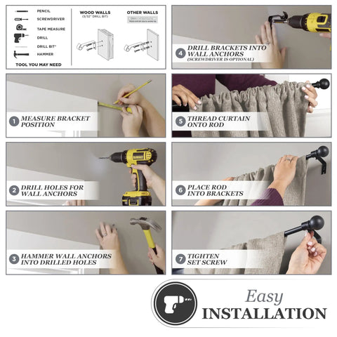 Easy installation guide for Chelsea Ball End Curtain Rod For Windows, No Fuss Adjustable 48 To 86 Inches Extendable Steel Rod in Black Finish.