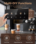 Espresso Machine With Built In Grinder For Home Use 20 Bar Pressure 1350W Fast Heating 3 Temperature Settings 3 To 10 Second Pre Infusion 20 Grind Settings Latte Cappuccino Maker For Home Barista Pro Black with touchscreen display and coffee cups nearby.