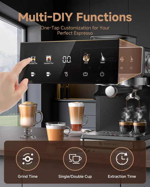 Espresso Machine With Built In Grinder For Home Use 20 Bar Pressure 1350W Fast Heating 3 Temperature Settings 3 To 10 Second Pre Infusion 20 Grind Settings Latte Cappuccino Maker For Home Barista Pro Black with touchscreen display and coffee cups nearby.