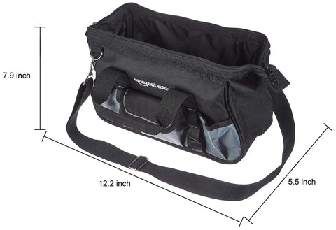 Durable Wear-Resistant 12-Inch Tool Bag With 16 Pockets, adjustable shoulder strap, black and gray, top view with measurements